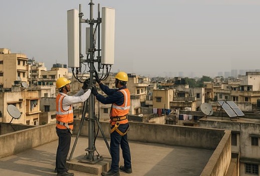 Professional technicians installing telecom antenna on rooftop with safety equipment